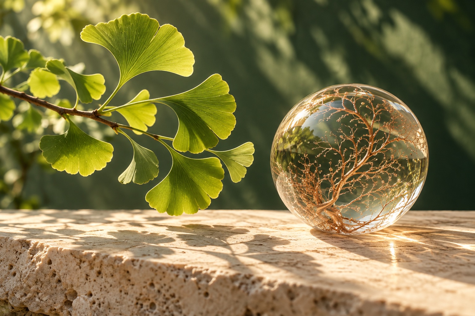 Botanical branch and glass sphere with root-like filaments, a conceptual illustration of interconnected health