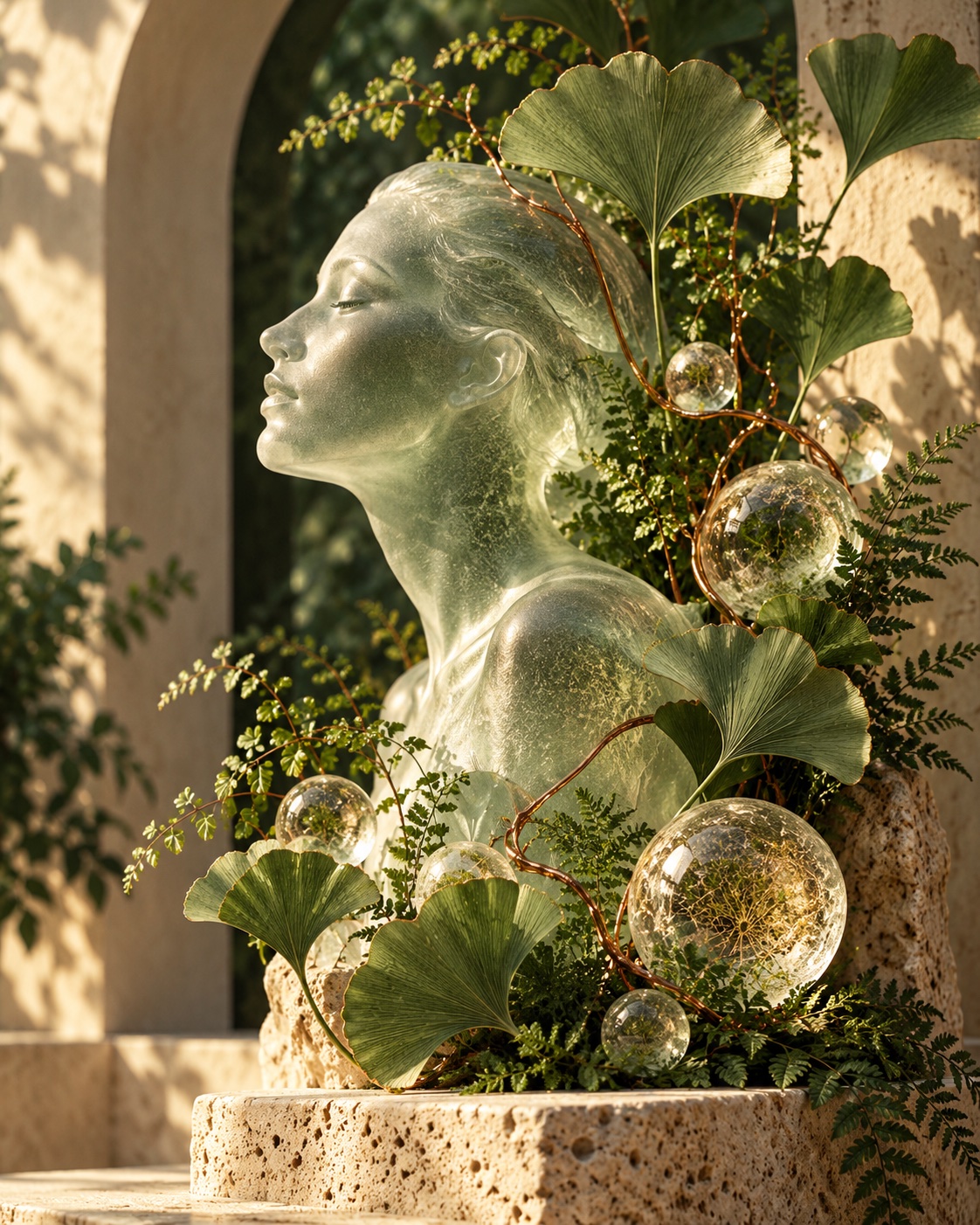 Artistic glass human form surrounded by ginkgo leaves, an illustration of whole-person care